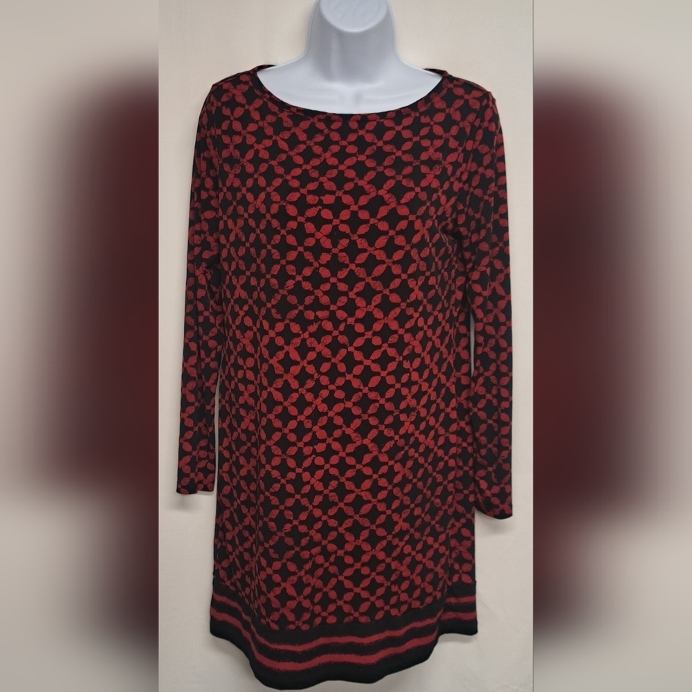 Michael Kors P/M Tunic Dress Red Black Ling Sleeve Slinky Stretch Knit